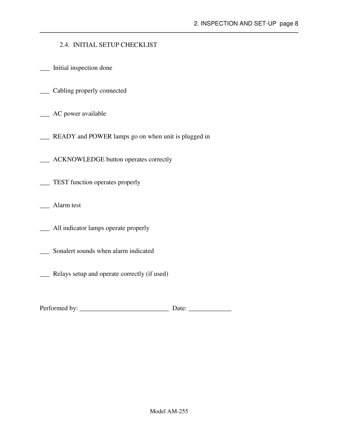 Sigma AM-255 service manual Initial Setup Checklist 