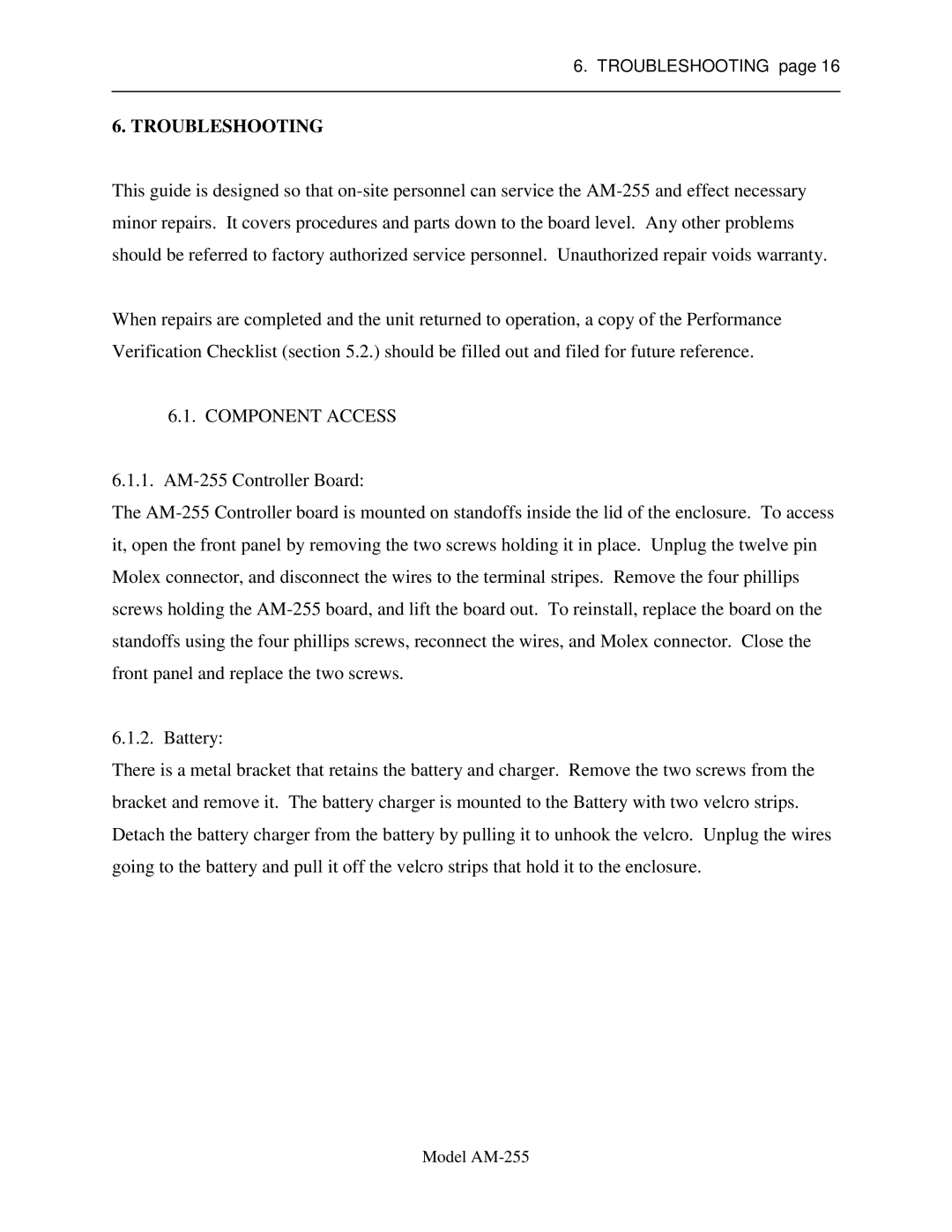 Sigma AM-255 service manual Troubleshooting, Component Access 
