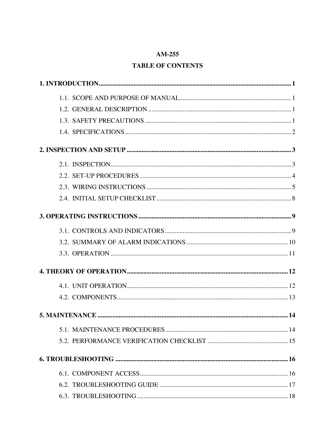 Sigma AM-255 service manual Table of Contents, Theory of Operation, Maintenance, Troubleshooting 