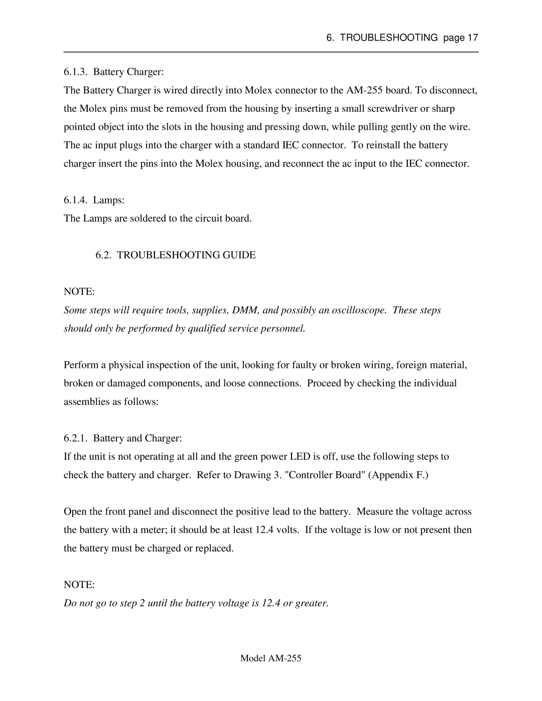 Sigma AM-255 service manual Do not go to until the battery voltage is 12.4 or greater 