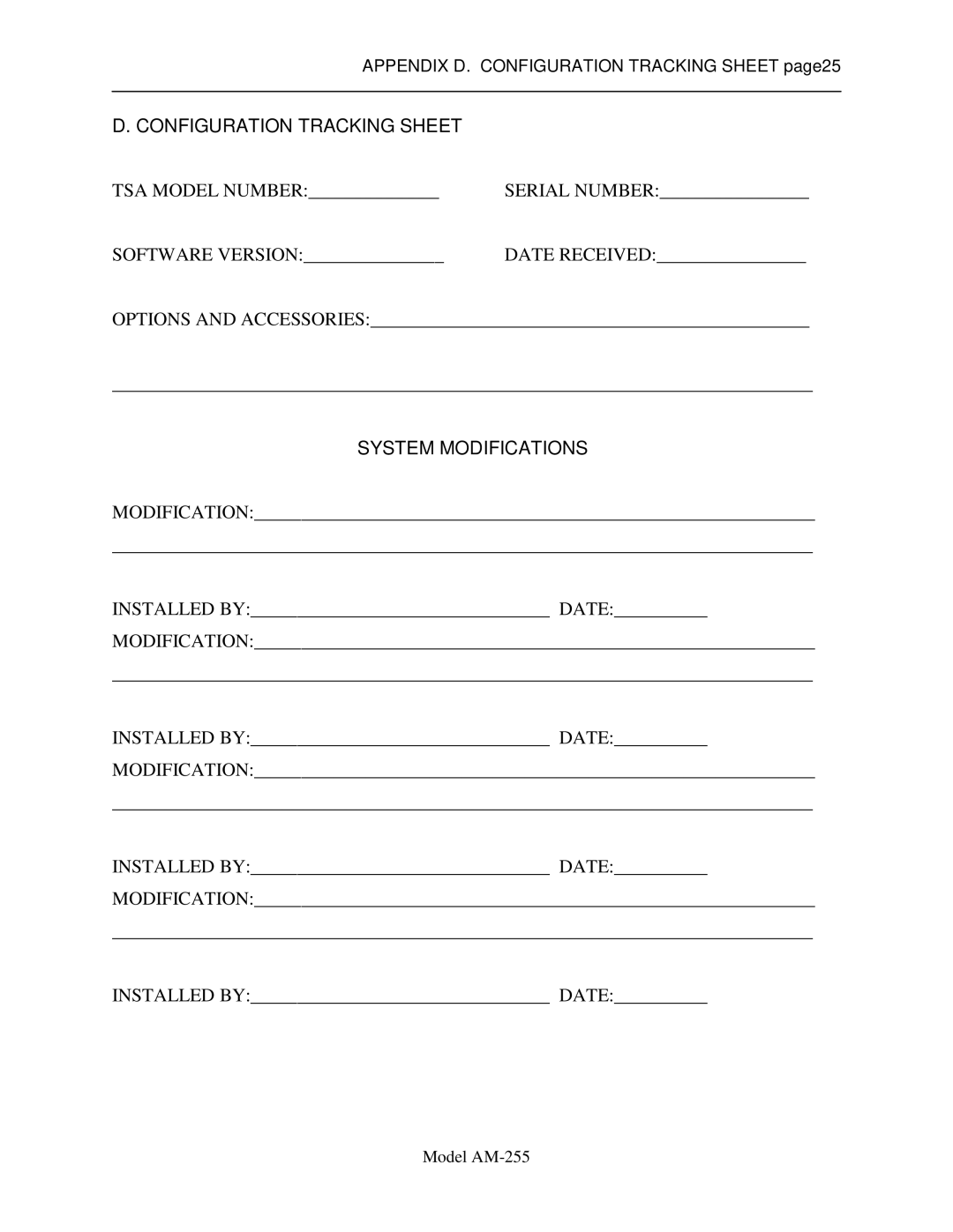 Sigma AM-255 service manual Configuration Tracking Sheet, System Modifications 