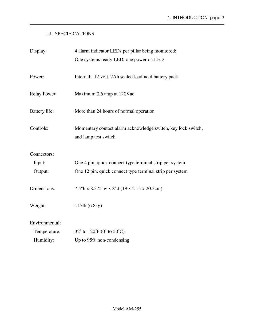 Sigma AM-255 service manual Specifications 