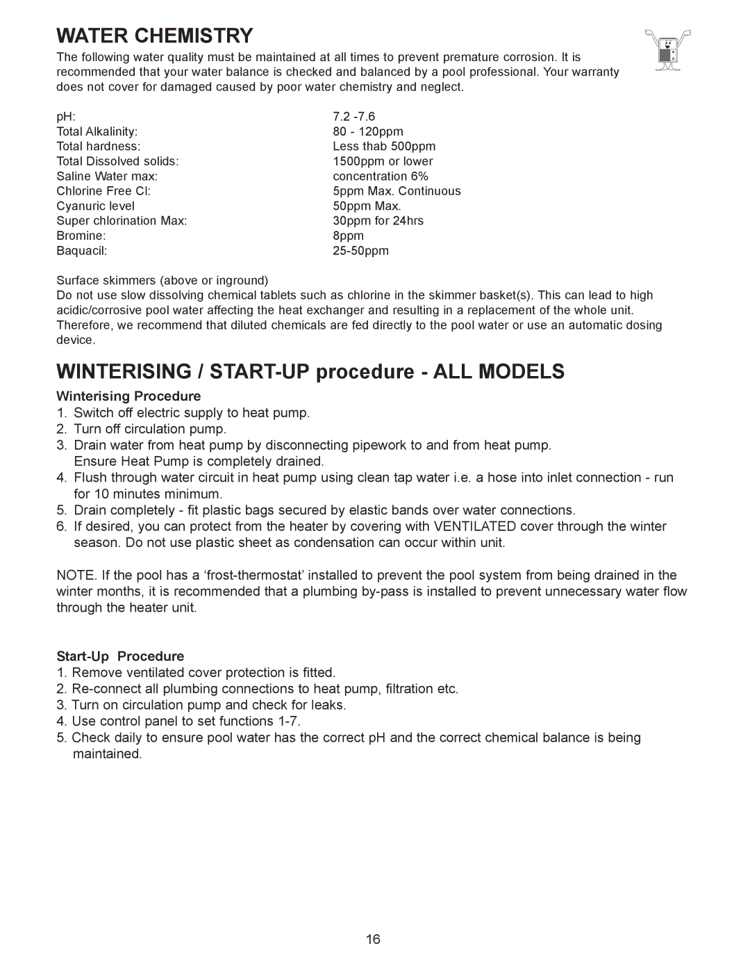 Sigma AS-H40Y, AS-H50Y, AS-H60Y installation manual Water Chemistry, Winterising / START-UP procedure ALL Models 