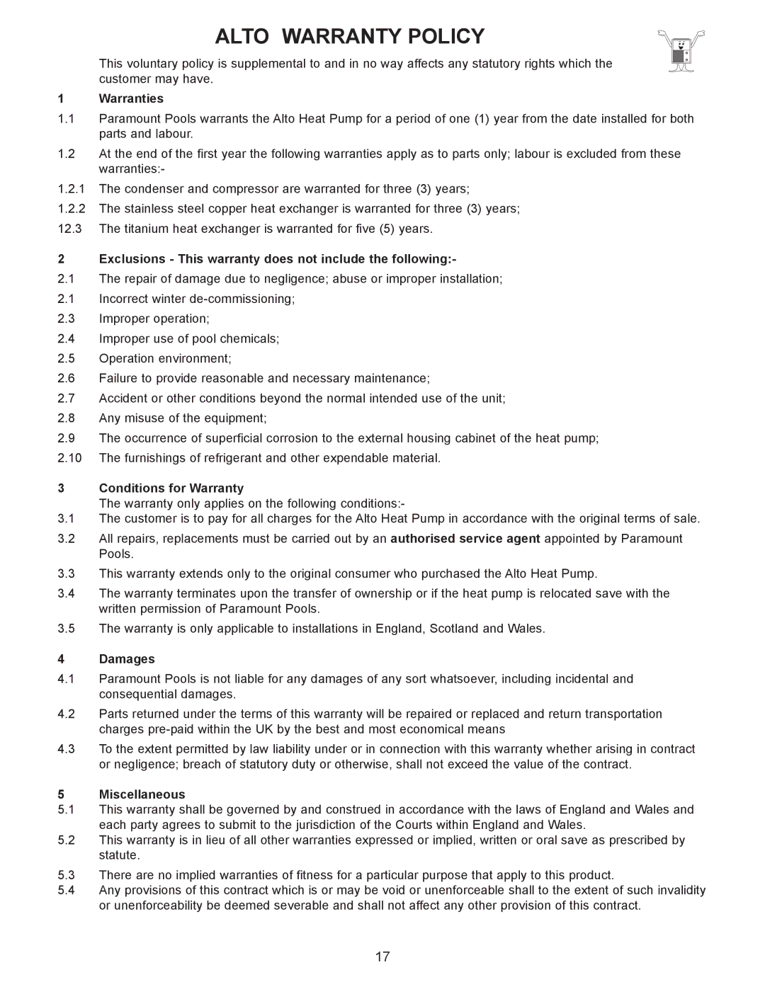 Sigma AS-H50Y, AS-H60Y, AS-H40Y installation manual Alto Warranty Policy, Warranties 