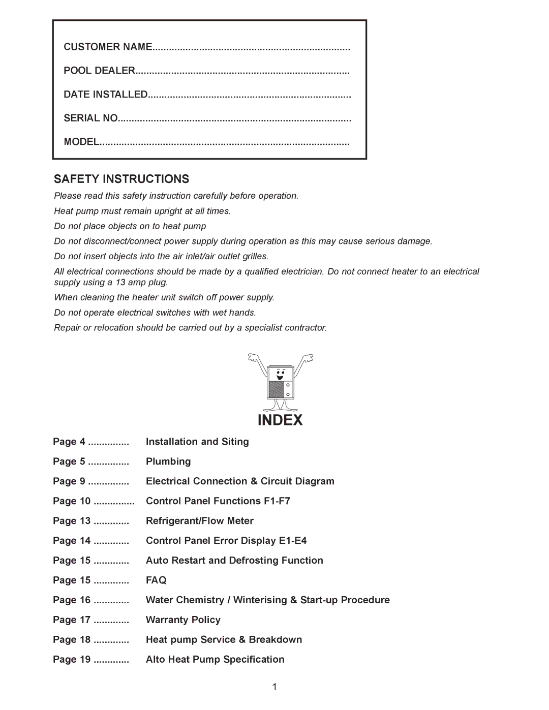 Sigma AS-H40Y, AS-H50Y, AS-H60Y installation manual Index, Faq 