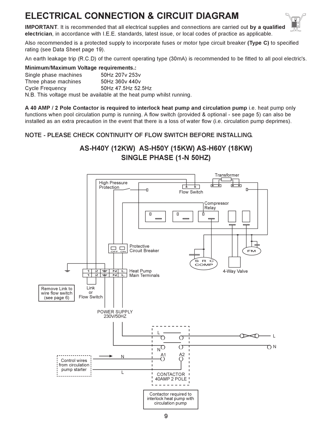 Sigma Electrical Connection & Circuit Diagram, AS-H40Y12KW AS-H50Y15KW AS-H60Y18KW, SINGLE PHASE 1-N50HZ 