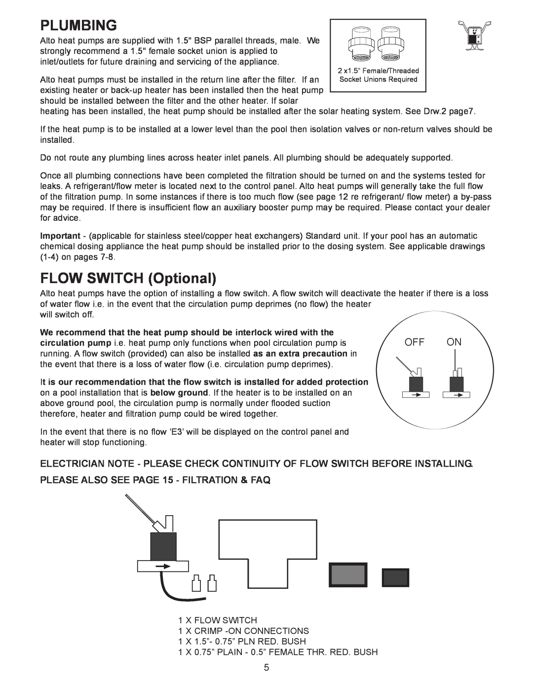Sigma AS-H50Y, AS-H60Y, AS-H40Y installation manual Plumbing, FLOW SWITCH Optional 