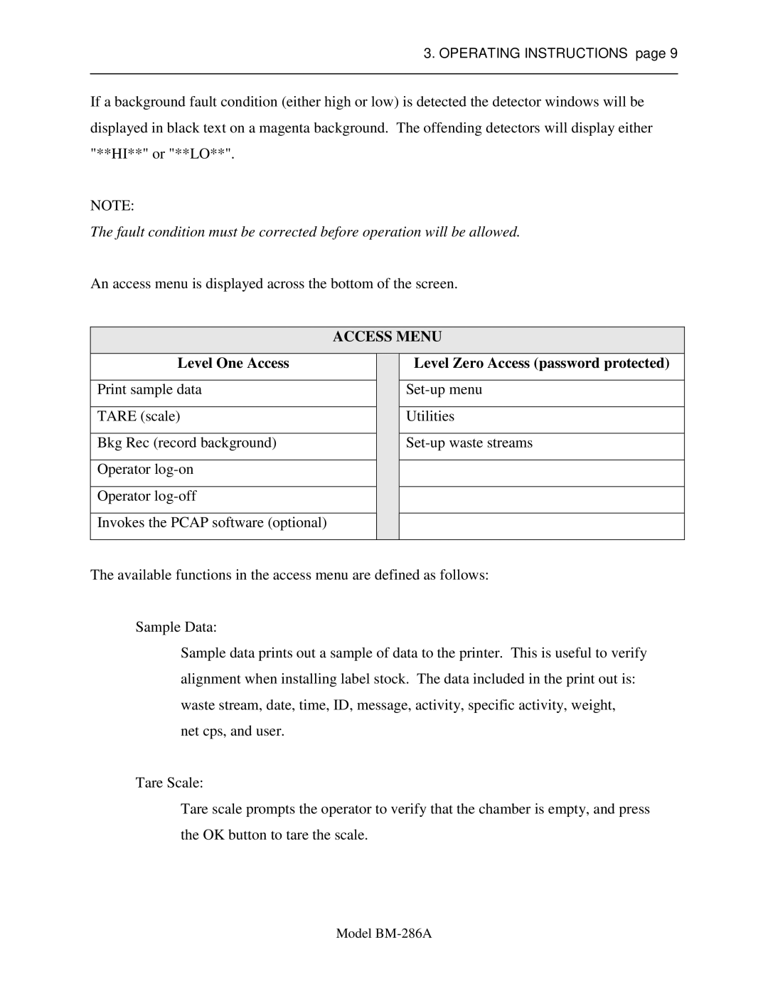 Sigma BM-286A service manual Access Menu, Level One Access 