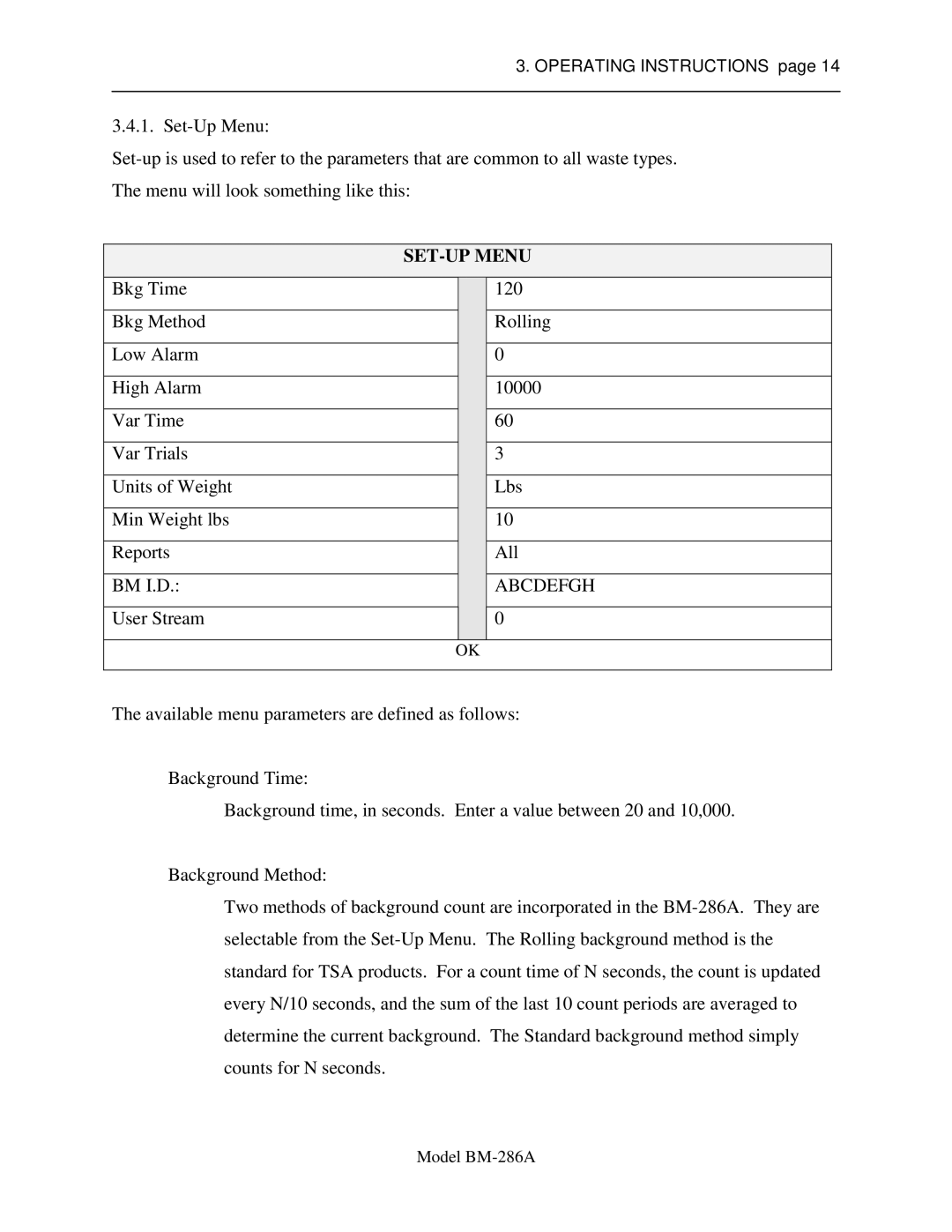 Sigma BM-286A service manual SET-UP Menu, Abcdefgh 