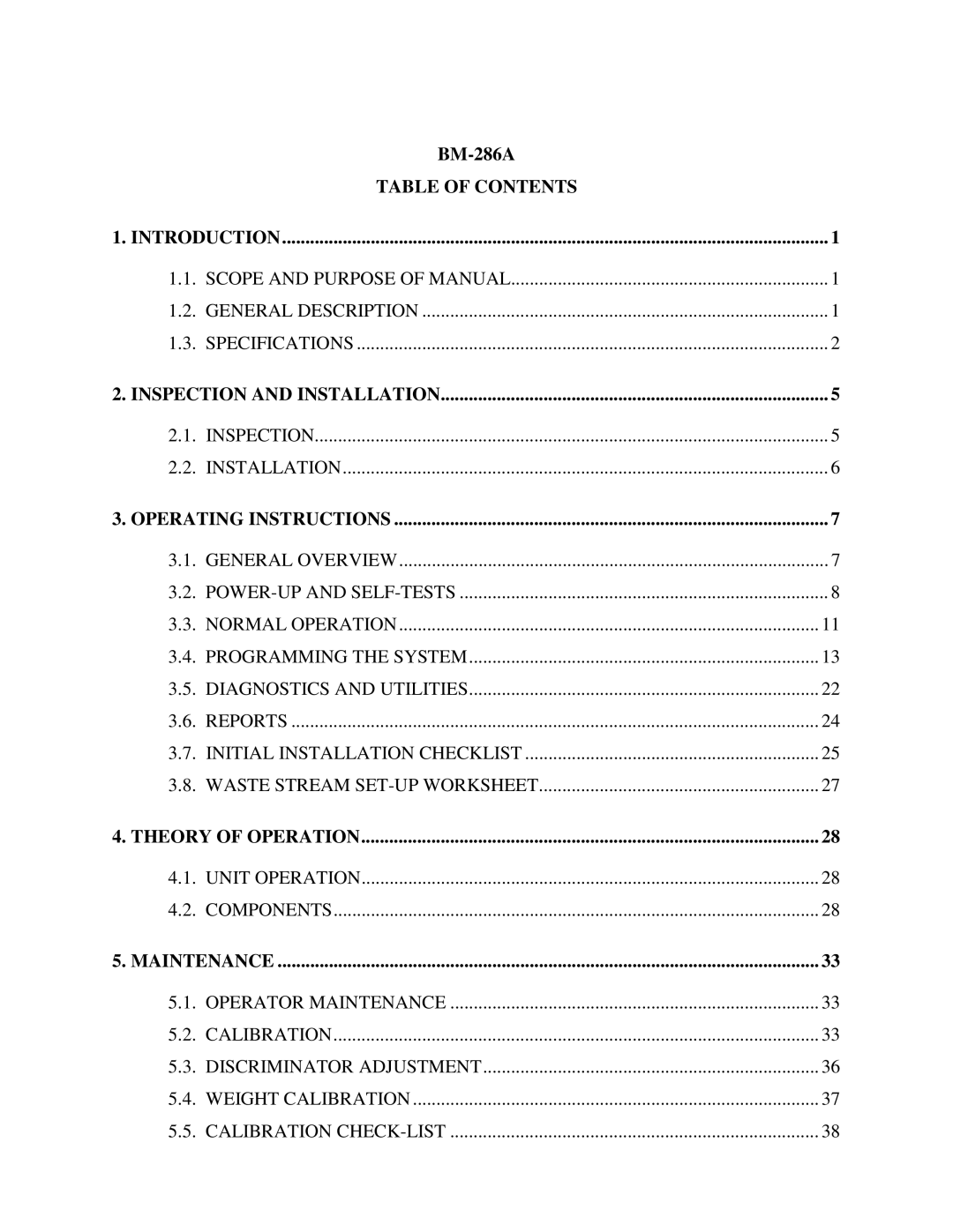 Sigma BM-286A service manual Table of Contents, Inspection and Installation, Theory of Operation, Maintenance 