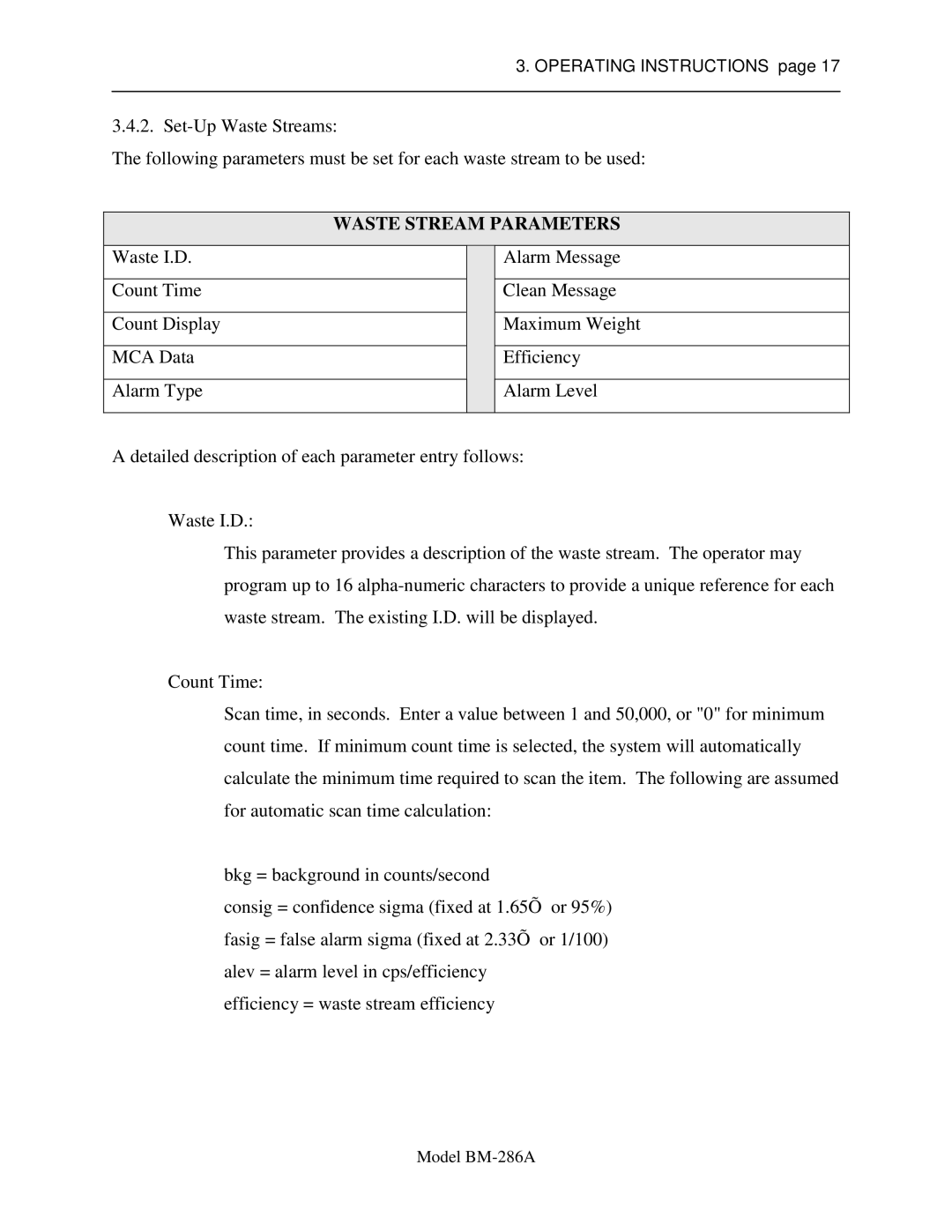 Sigma BM-286A service manual Waste Stream Parameters 