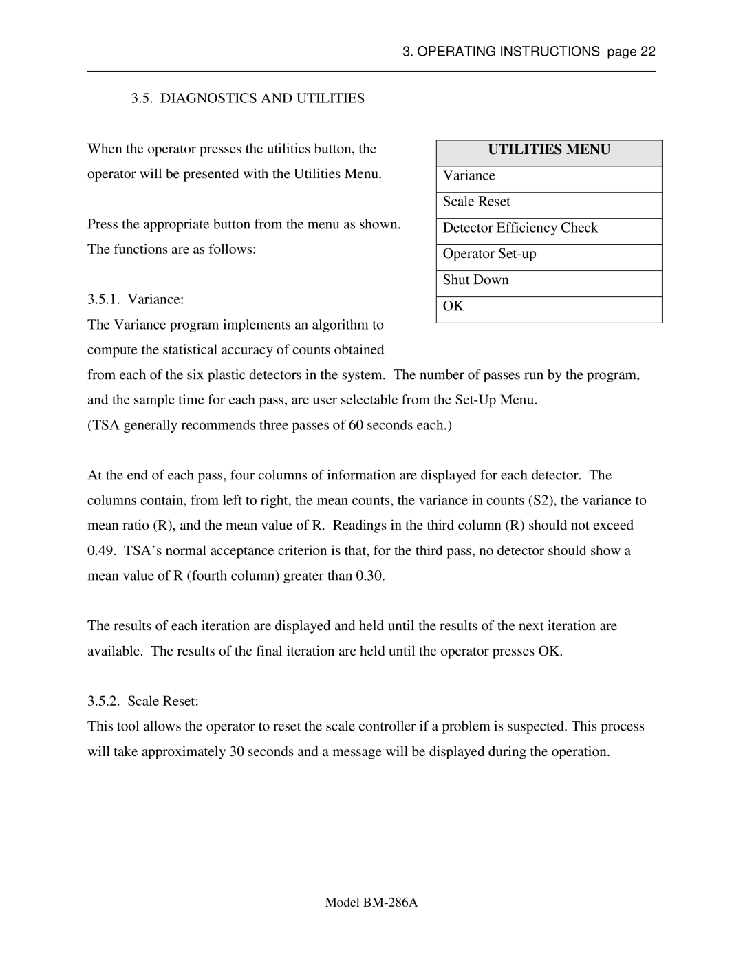 Sigma BM-286A service manual Diagnostics and Utilities, Utilities Menu 