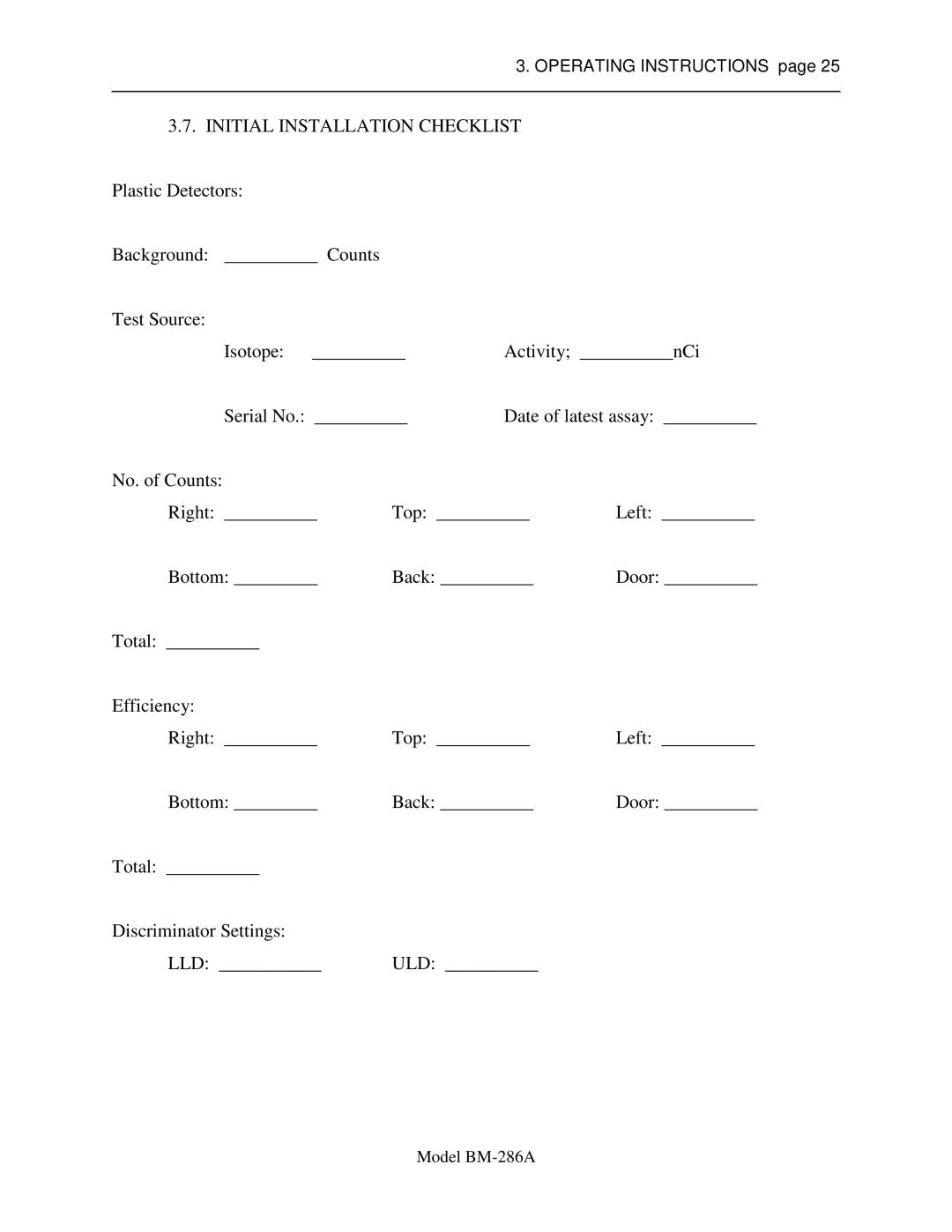 Sigma BM-286A service manual Initial Installation Checklist 