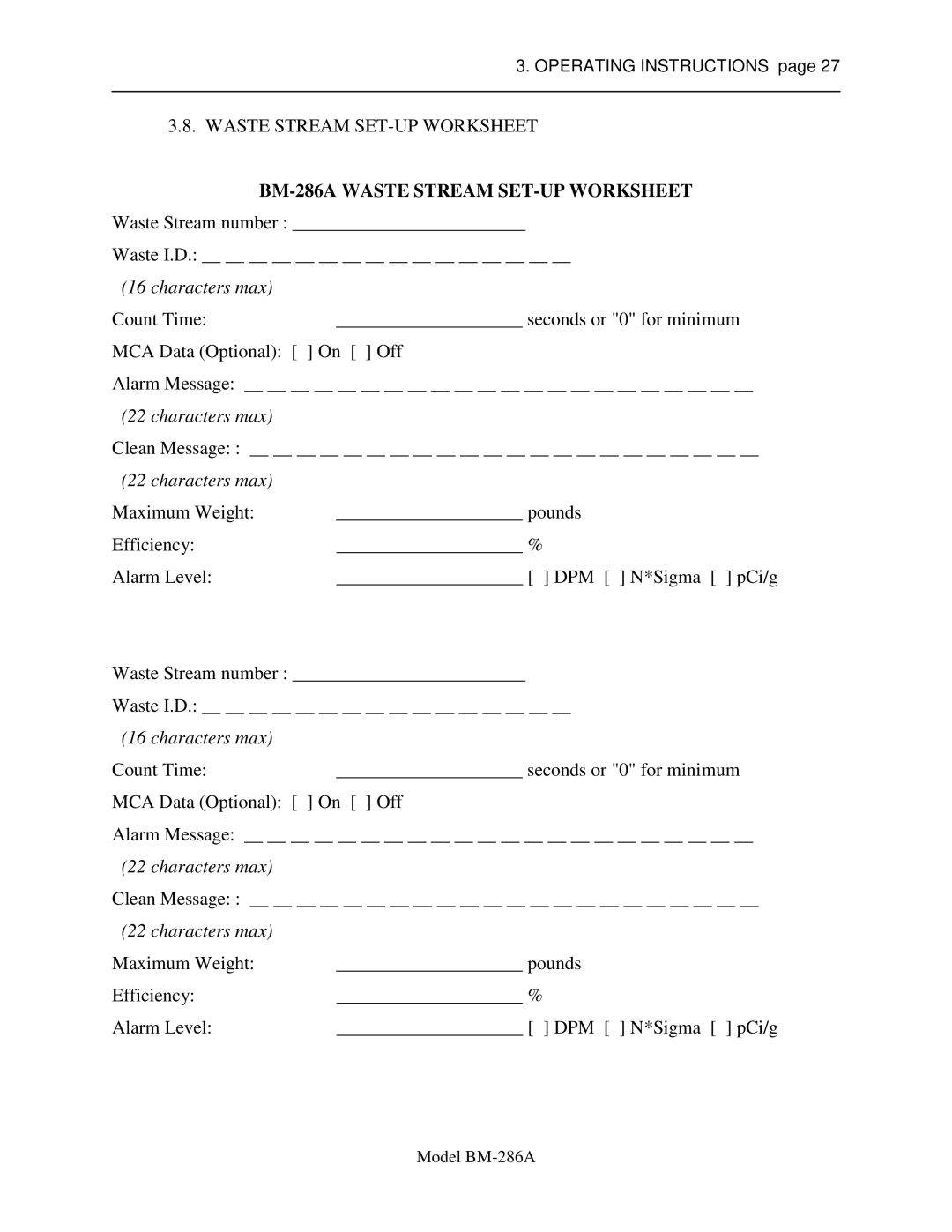 Sigma service manual BM-286A Waste Stream SET-UP Worksheet 