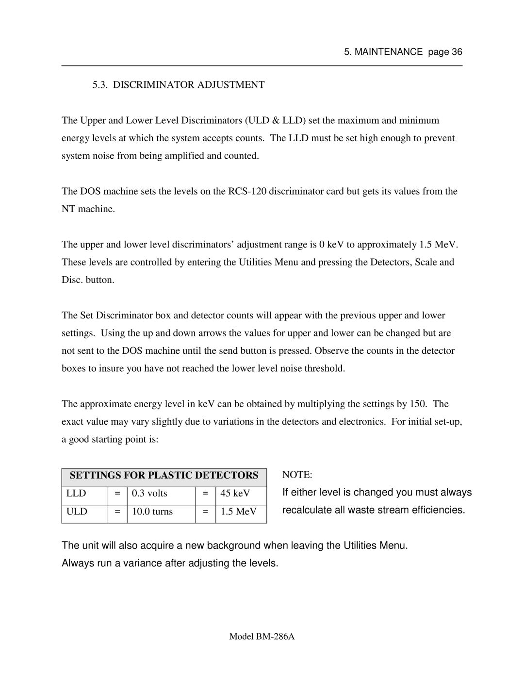 Sigma BM-286A service manual Settings for Plastic Detectors, Lld, Uld 
