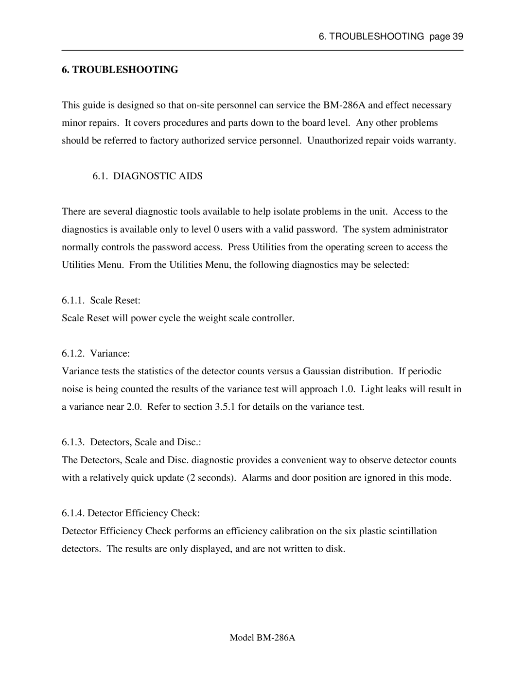 Sigma BM-286A service manual Troubleshooting, Diagnostic Aids 