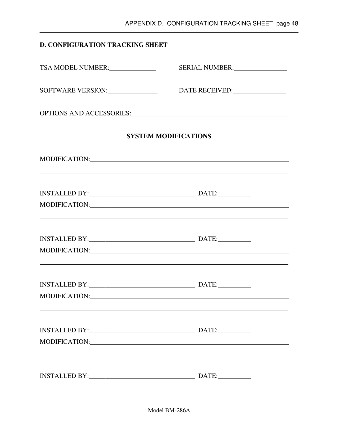 Sigma BM-286A service manual Configuration Tracking Sheet, System Modifications 