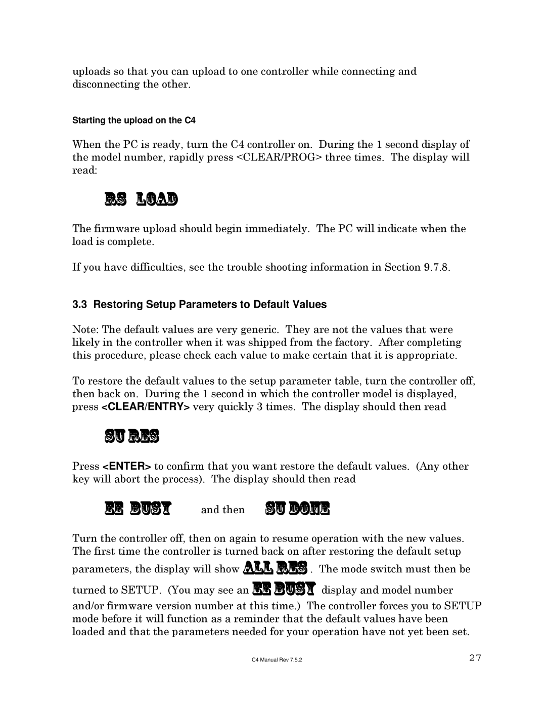 Sigma C4 manual Rs load, Su res, Ee busy and then su done, Restoring Setup Parameters to Default Values 