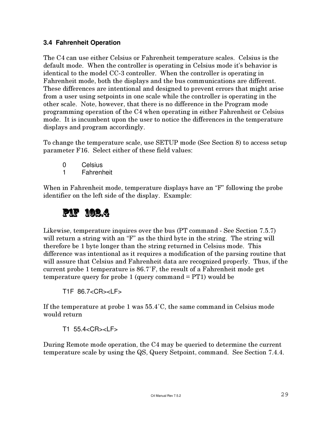 Sigma C4 manual P1f, Fahrenheit Operation 