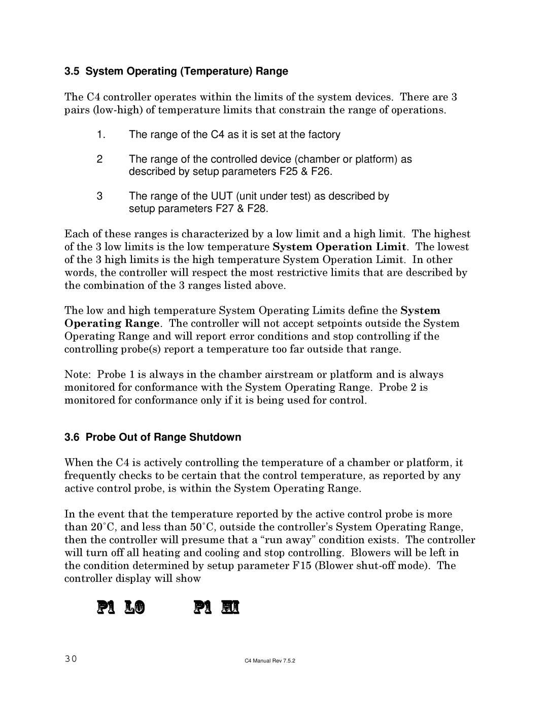 Sigma C4 manual P1 lo P1 hi, System Operating Temperature Range, Probe Out of Range Shutdown 