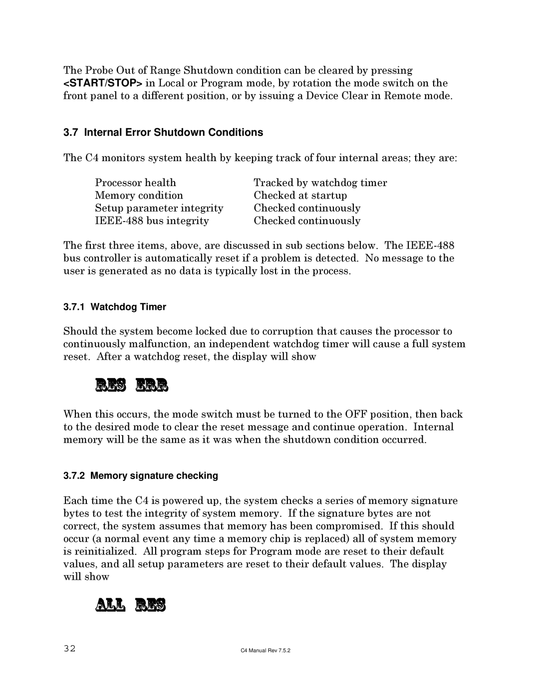 Sigma C4 manual Res err, All res, Internal Error Shutdown Conditions 