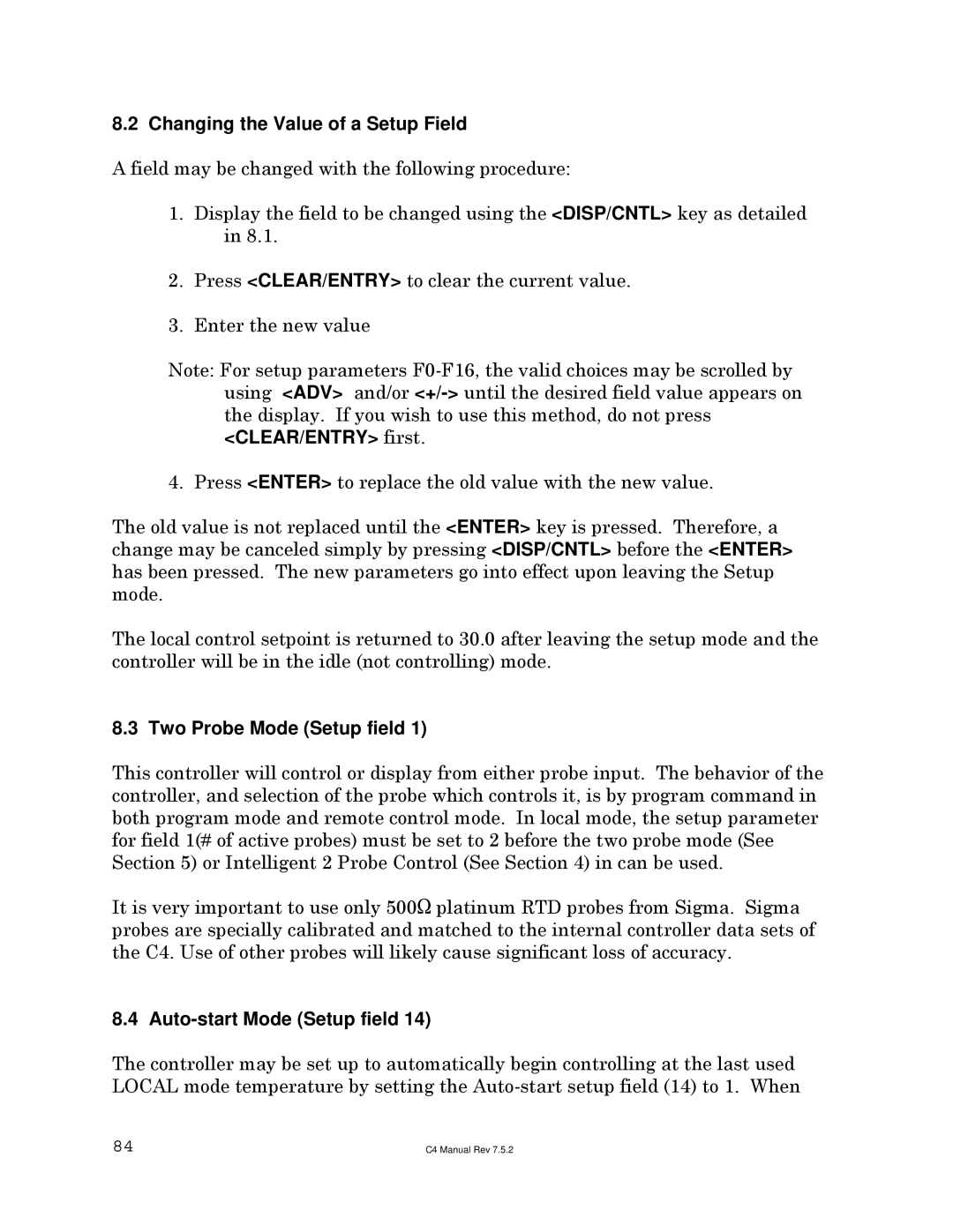 Sigma C4 manual Changing the Value of a Setup Field, Two Probe Mode Setup field, Auto-start Mode Setup field 