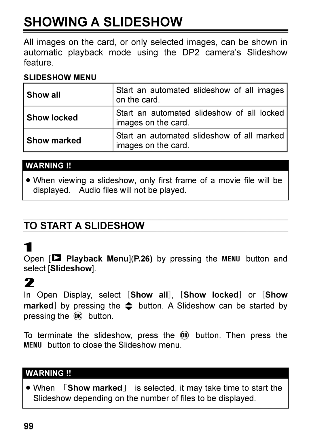 Sigma C72900, DP2 user manual Showing a Slideshow, To Start a Slideshow, Show all Show locked Show marked, Slideshow Menu 