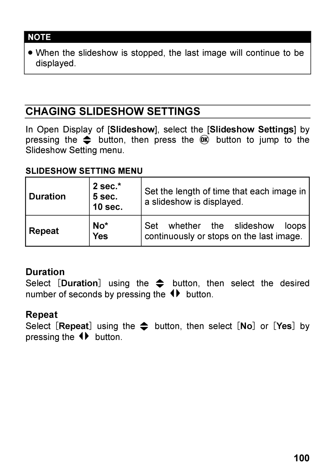 Sigma DP2, C72900 user manual Chaging Slideshow Settings, Duration, Repeat, 100, Slideshow Setting Menu 