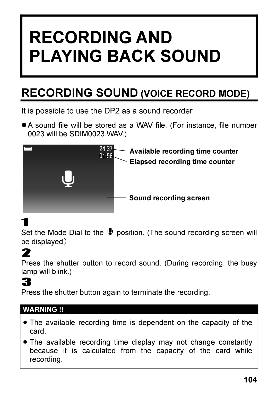 Sigma DP2, C72900 user manual Recording and Playing Back Sound, 104 