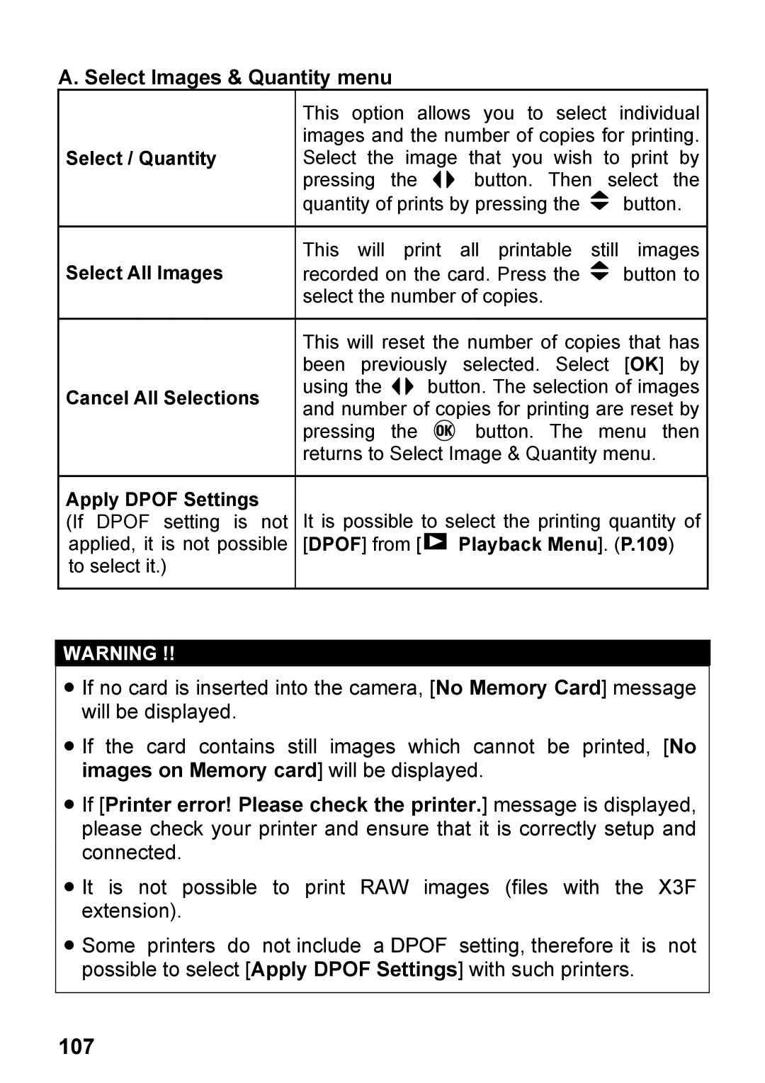 Sigma C72900, DP2 user manual 107, Select Images & Quantity menu 