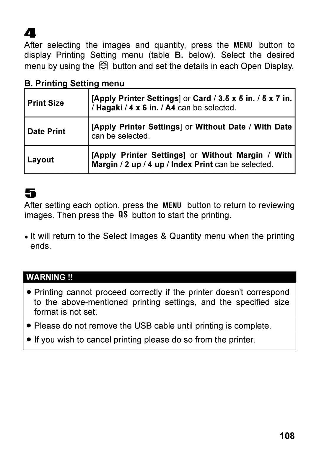 Sigma DP2, C72900 user manual 108, Printing Setting menu 