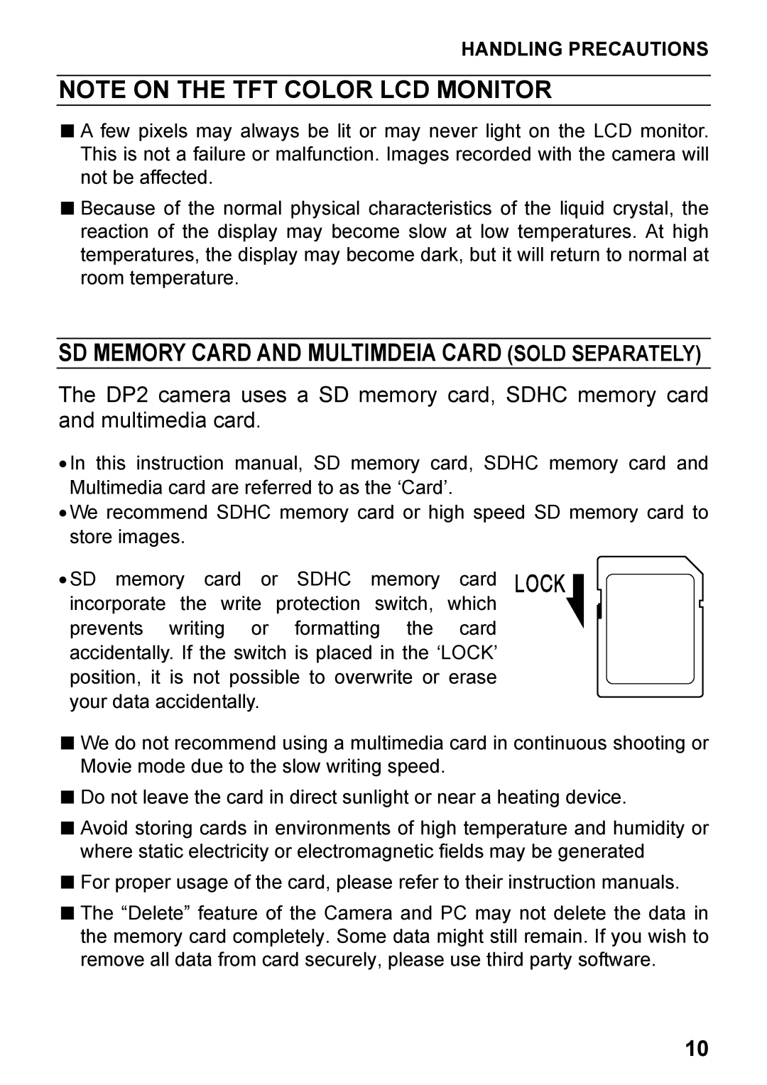 Sigma DP2, C72900 user manual SD Memory Card and Multimdeia Card Sold Separately, Handling Precautions 