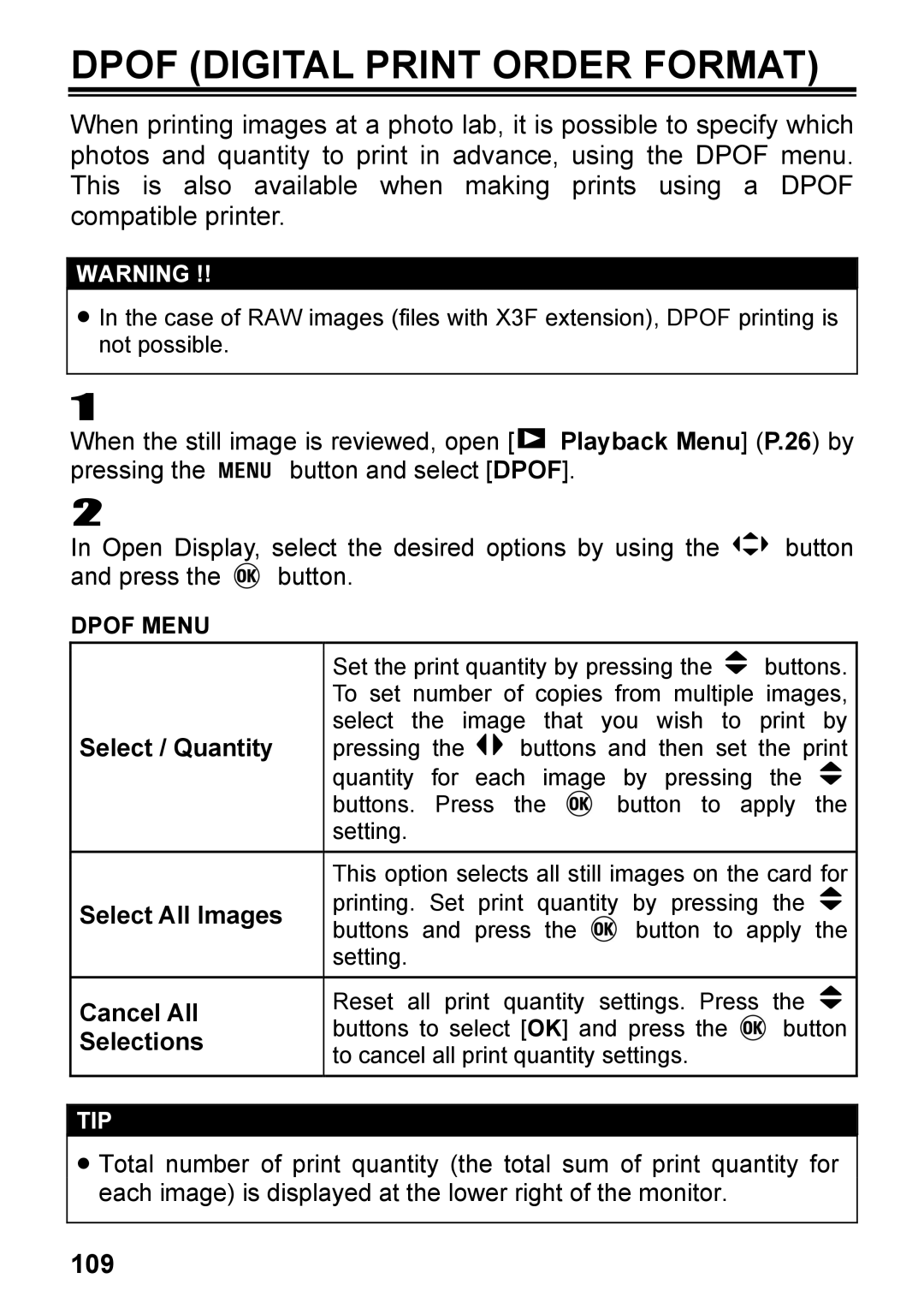 Sigma C72900 Dpof Digital Print Order Format, 109, Select / Quantity Select All Images Cancel All Selections, Dpof Menu 