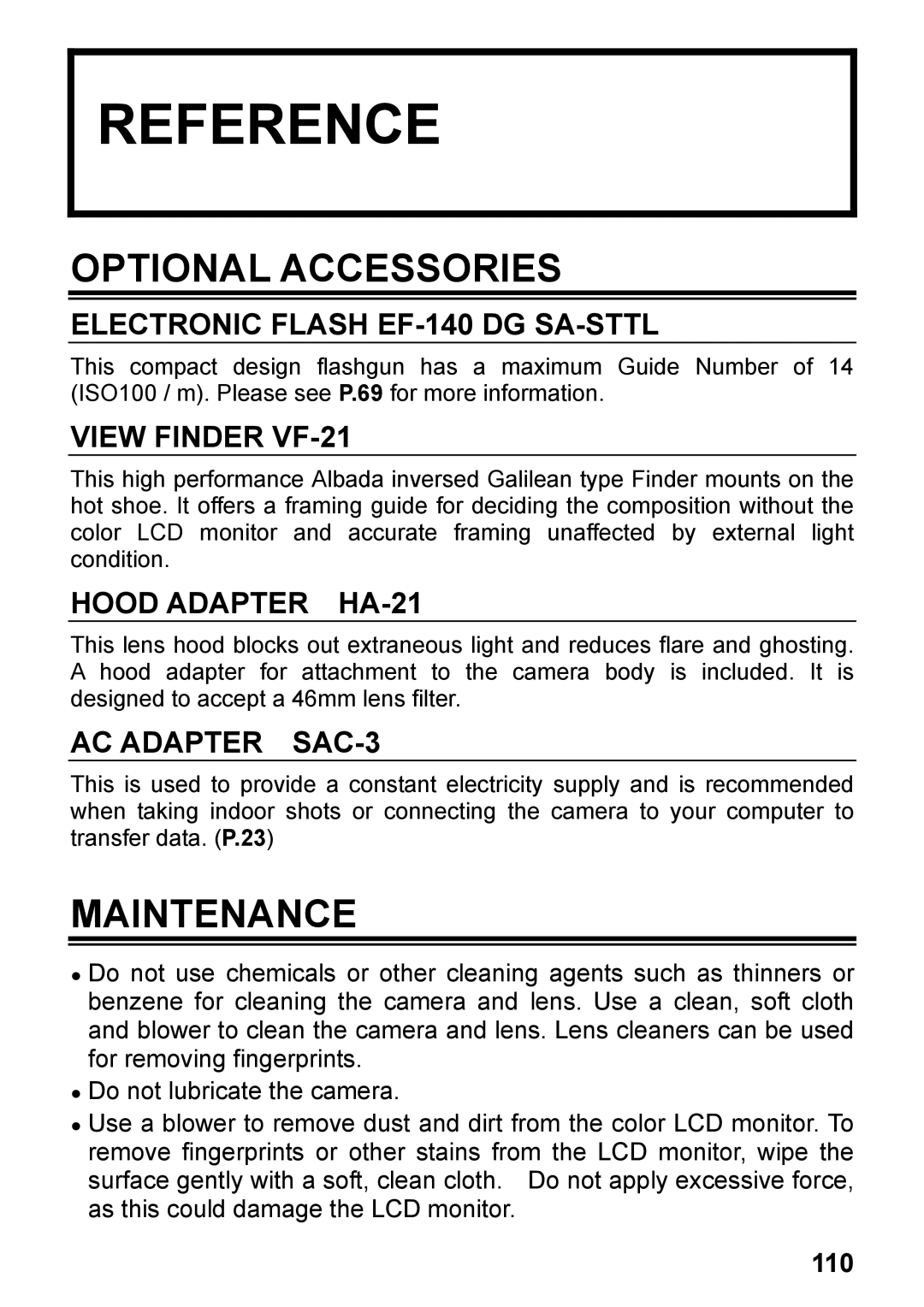 Sigma DP2, C72900 user manual Reference, Optional Accessories, Maintenance 