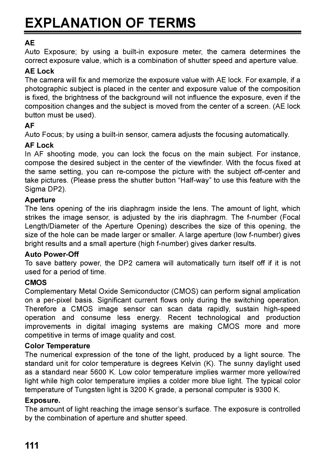 Sigma C72900, DP2 user manual Explanation of Terms, 111 