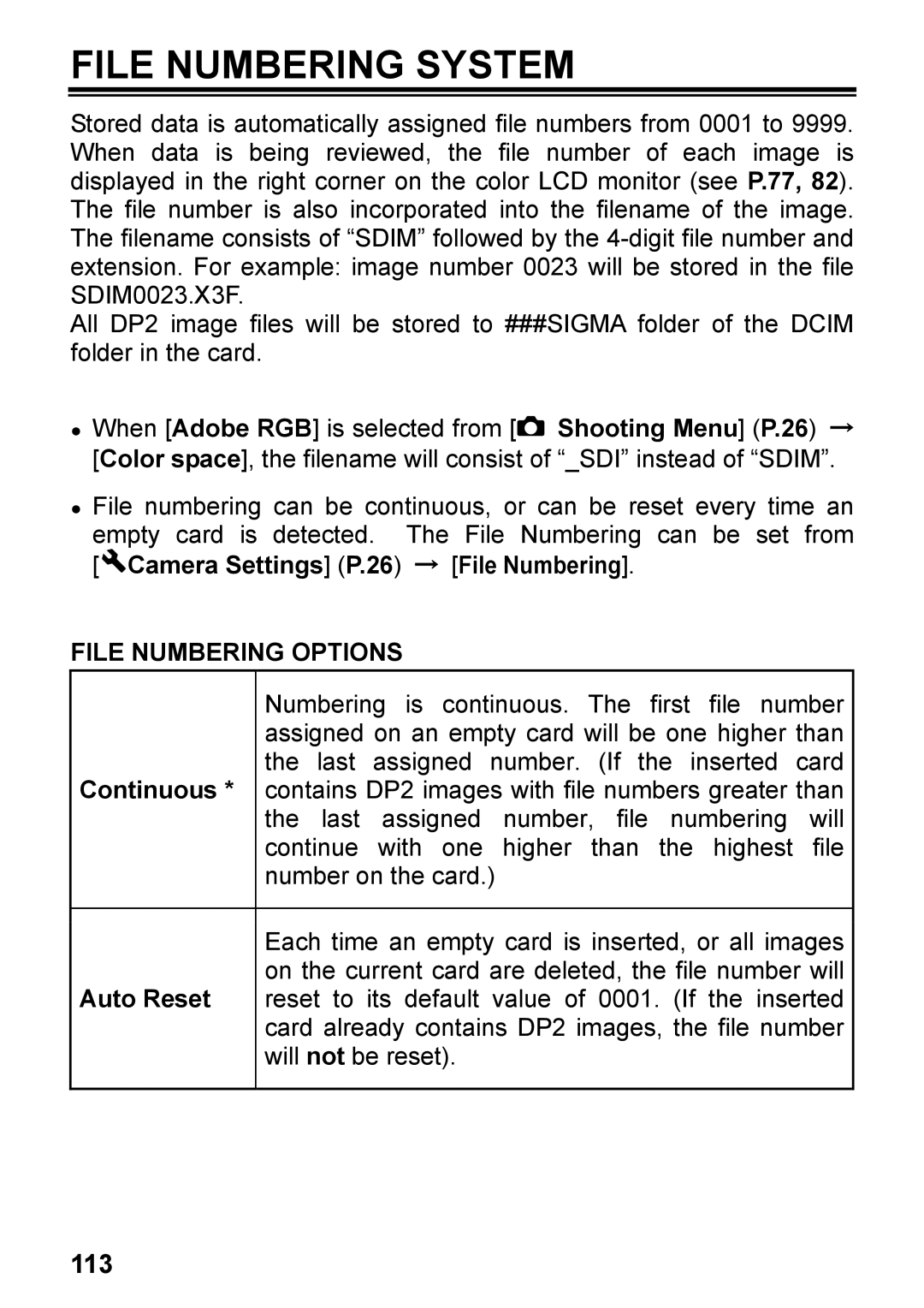 Sigma C72900, DP2 user manual File Numbering System, 113, Camera Settings P.26 → File Numbering, File Numbering Options 