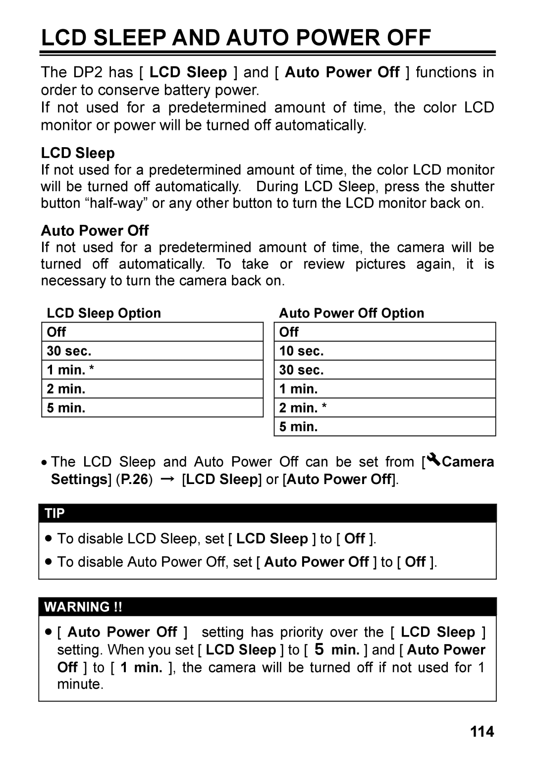 Sigma DP2, C72900 user manual LCD Sleep and Auto Power OFF, 114 