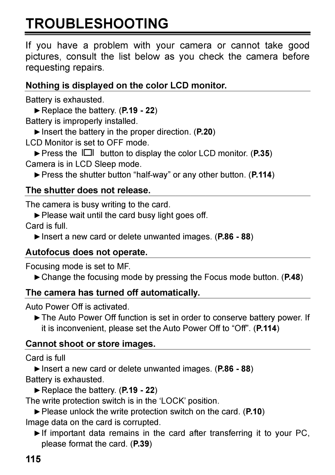 Sigma C72900, DP2 user manual Troubleshooting, 115 