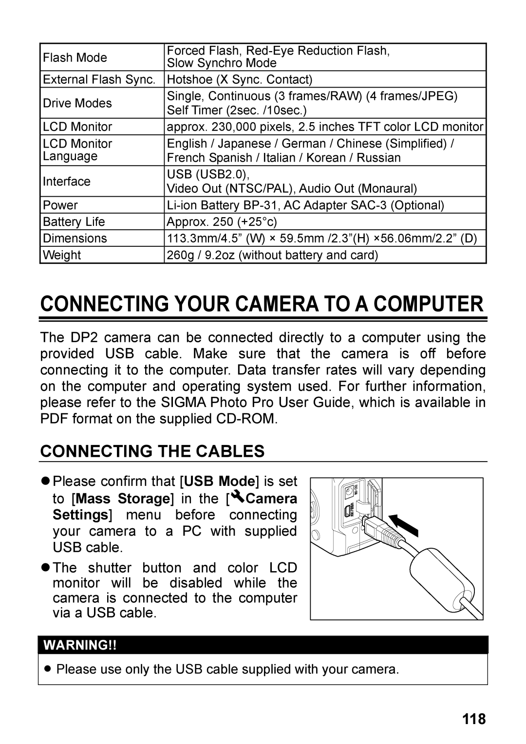 Sigma DP2, C72900 user manual Connecting the Cables, 118 