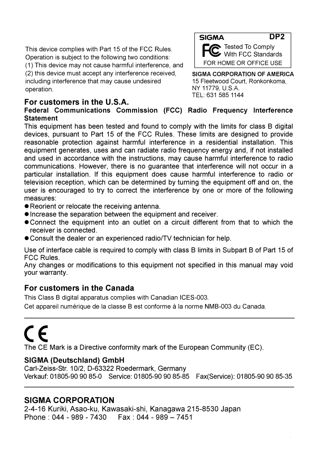 Sigma C72900 user manual 120, Sigma Corporation, For customers in the U.S.A, DP2, For customers in the Canada 