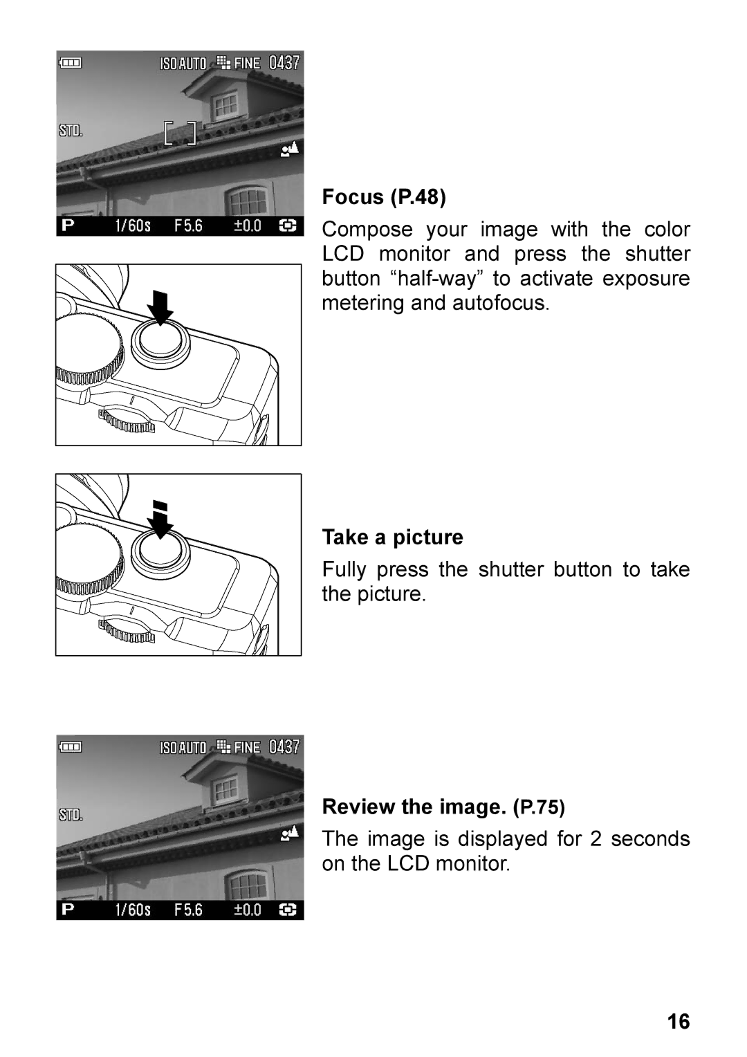 Sigma DP2, C72900 user manual Focus P.48, Take a picture, Review the image. P.75 