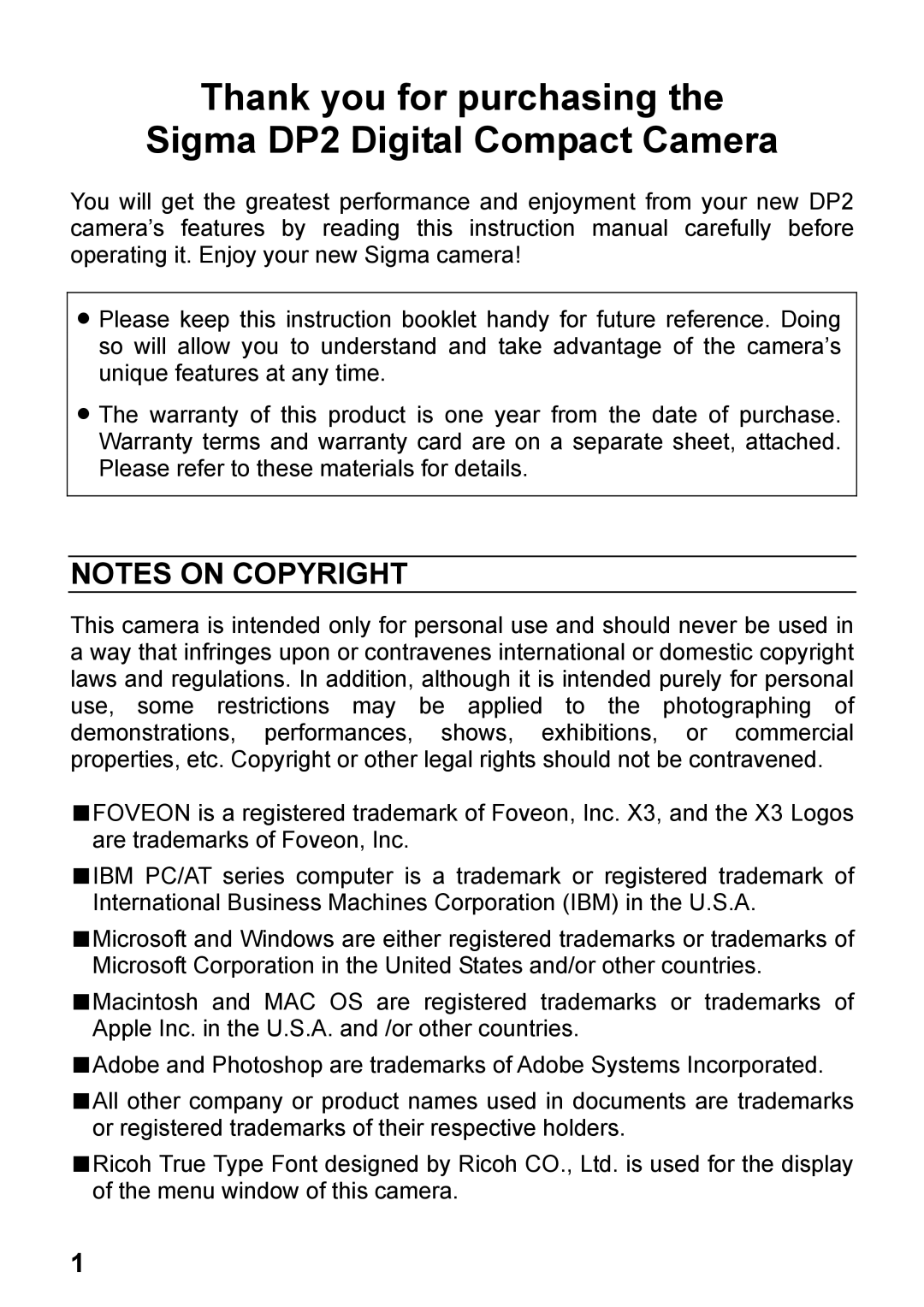 Sigma C72900 user manual Thank you for purchasing Sigma DP2 Digital Compact Camera 