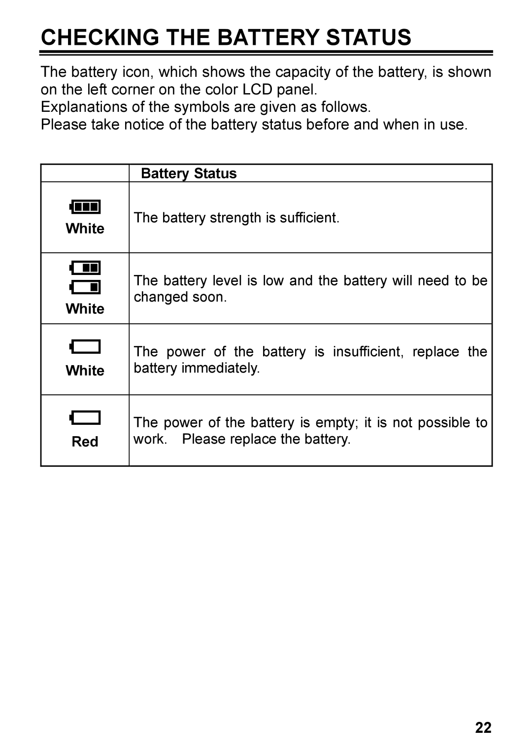 Sigma DP2, C72900 user manual Checking the Battery Status, White Red Battery Status 