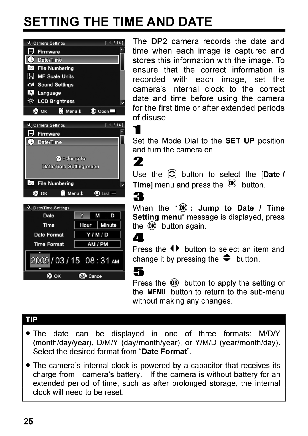 Sigma C72900, DP2 user manual Setting the Time and Date, Tip 