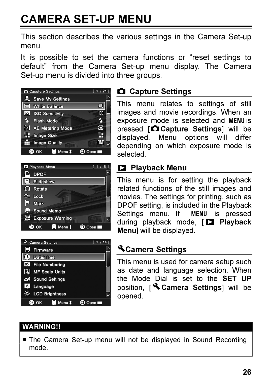 Sigma DP2, C72900 user manual Camera SET-UP Menu, Capture Settings, Playback Menu, Camera Settings 