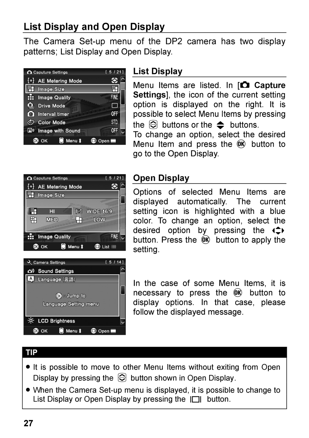 Sigma C72900, DP2 user manual List Display, Open Display 