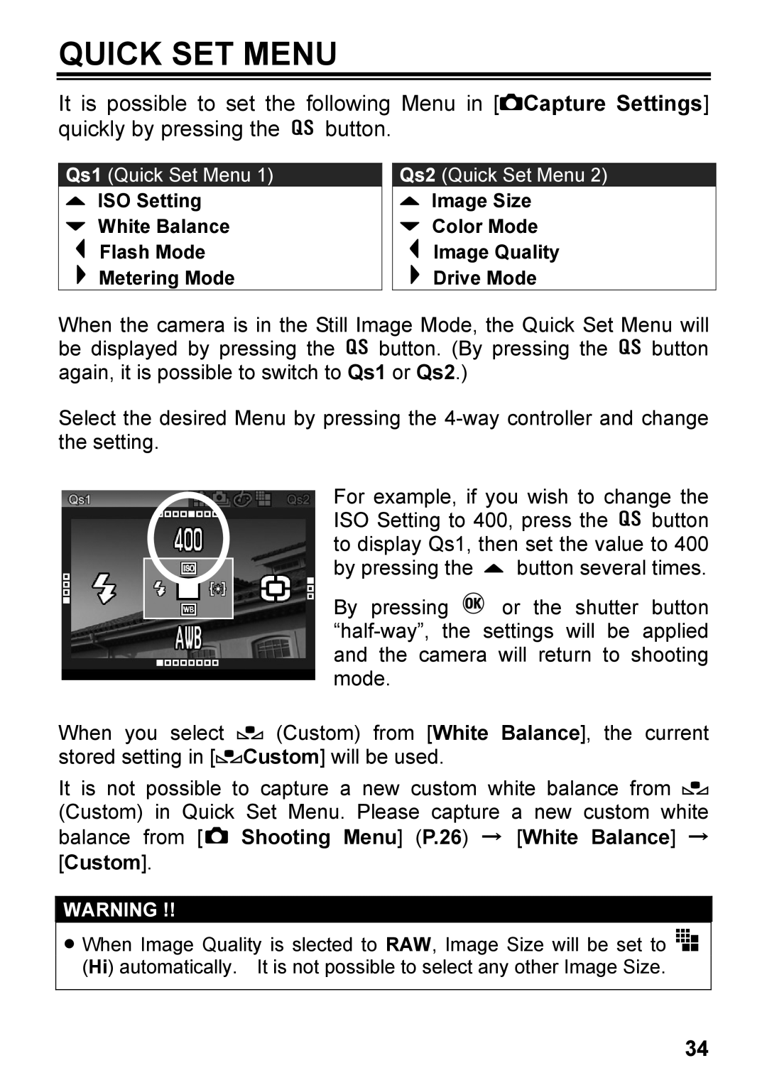 Sigma DP2, C72900 user manual Quick SET Menu, ISO Setting White Balance Flash Mode Metering Mode 