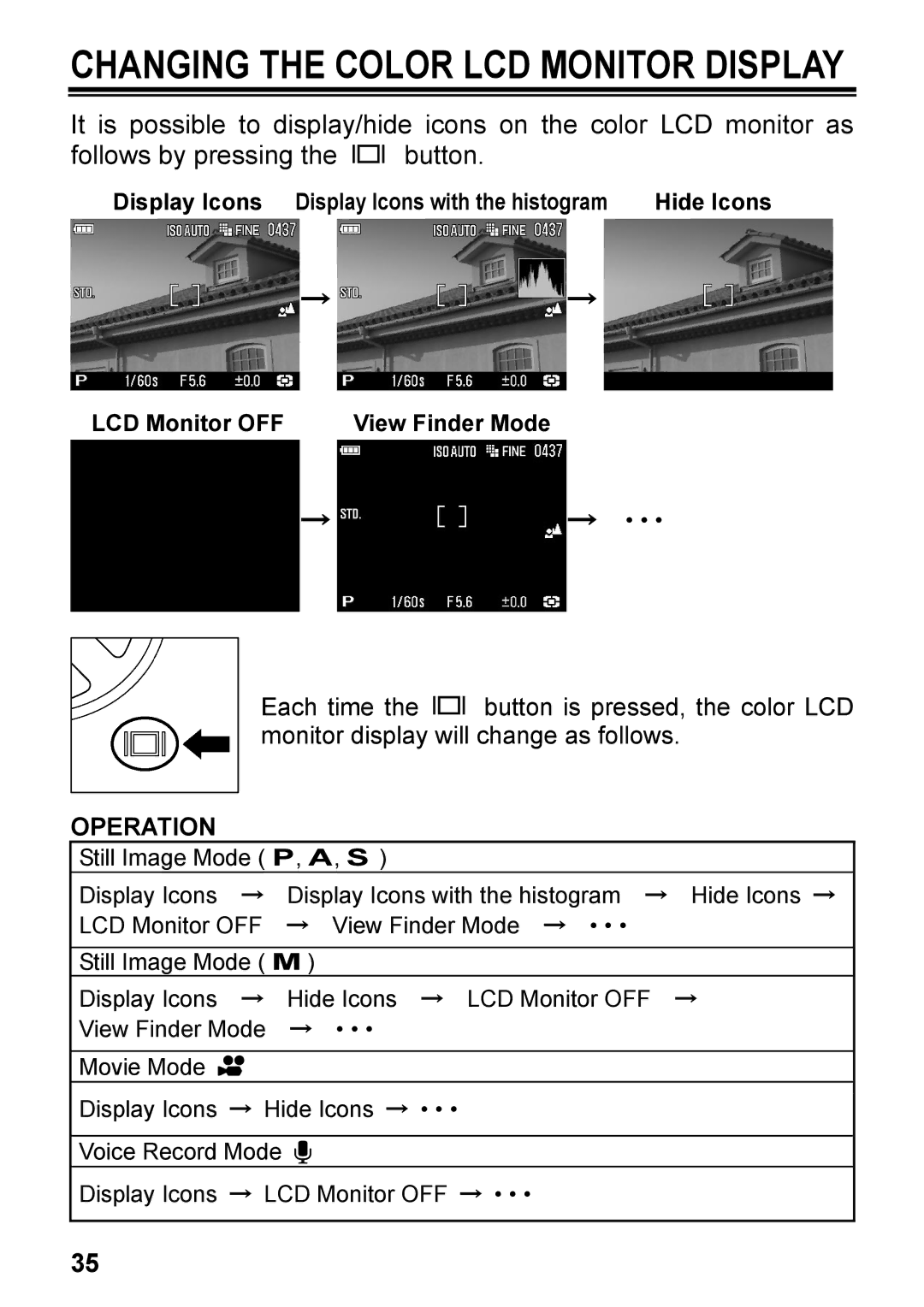 Sigma C72900, DP2 user manual Changing the Color LCD Monitor Display, Operation 