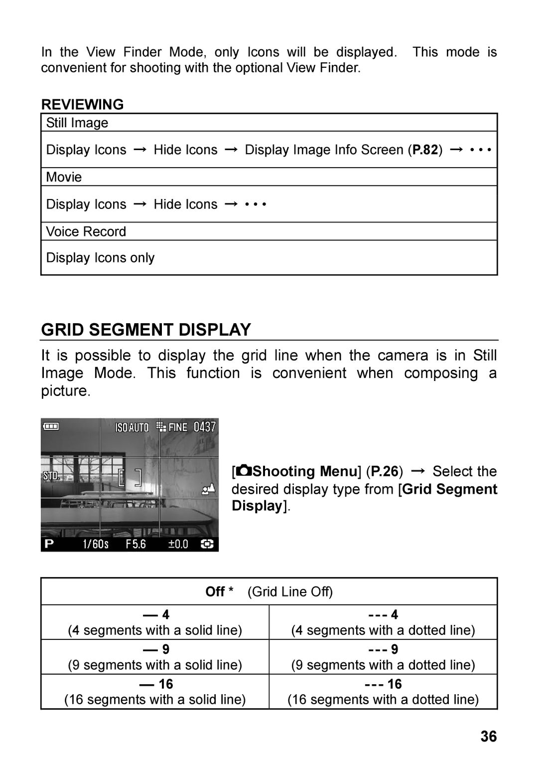 Sigma DP2, C72900 user manual Grid Segment Display, Reviewing, Shooting Menu P.26 → Select 