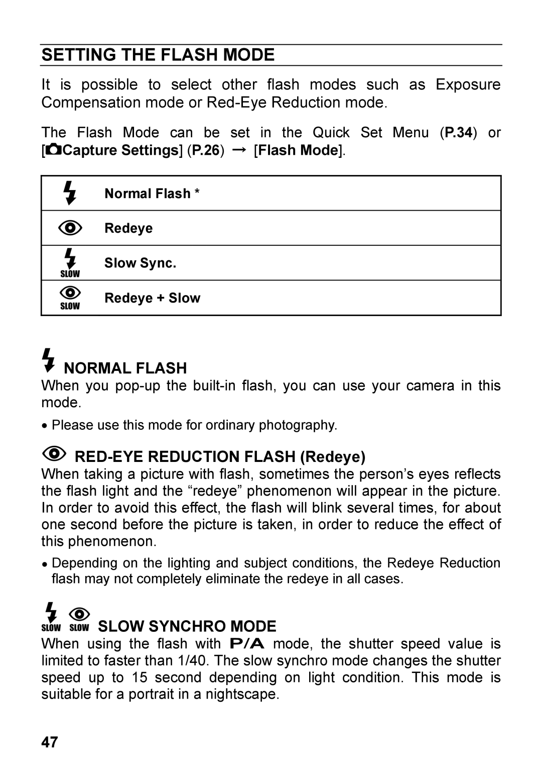 Sigma C72900, DP2 user manual Setting the Flash Mode, RED-EYE Reduction Flash Redeye, Capture Settings P.26 → Flash Mode 